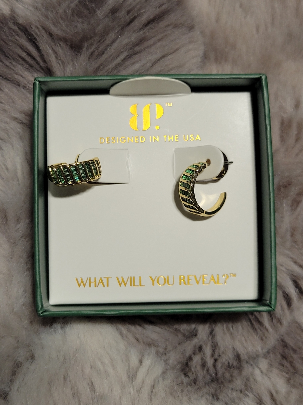 BP. Gold-Tone Hoop Earrings with Green Crystal Accents
